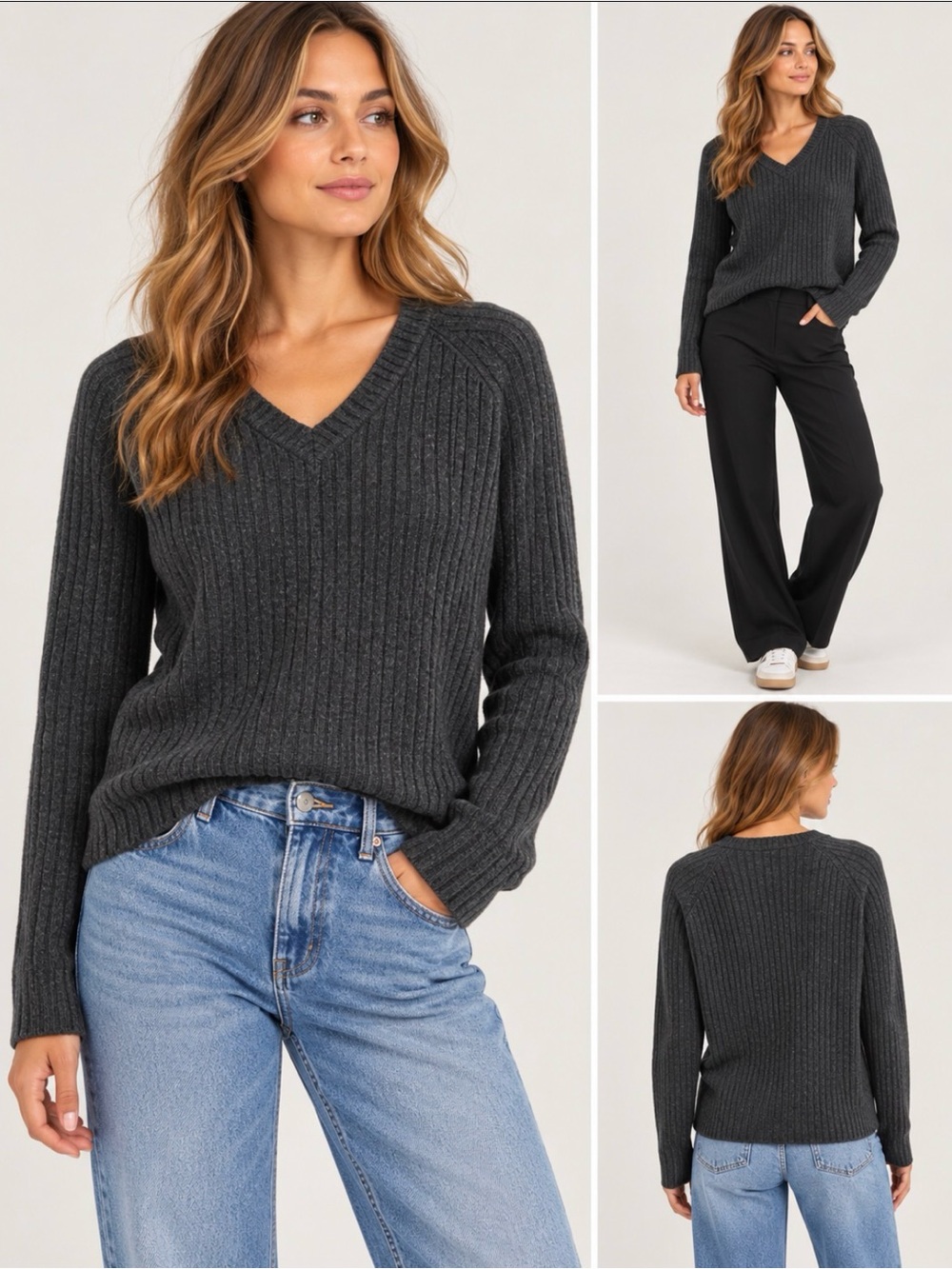 Club Monaco 100% Lambs Wool Ribbed V-Neck Sweater – Large